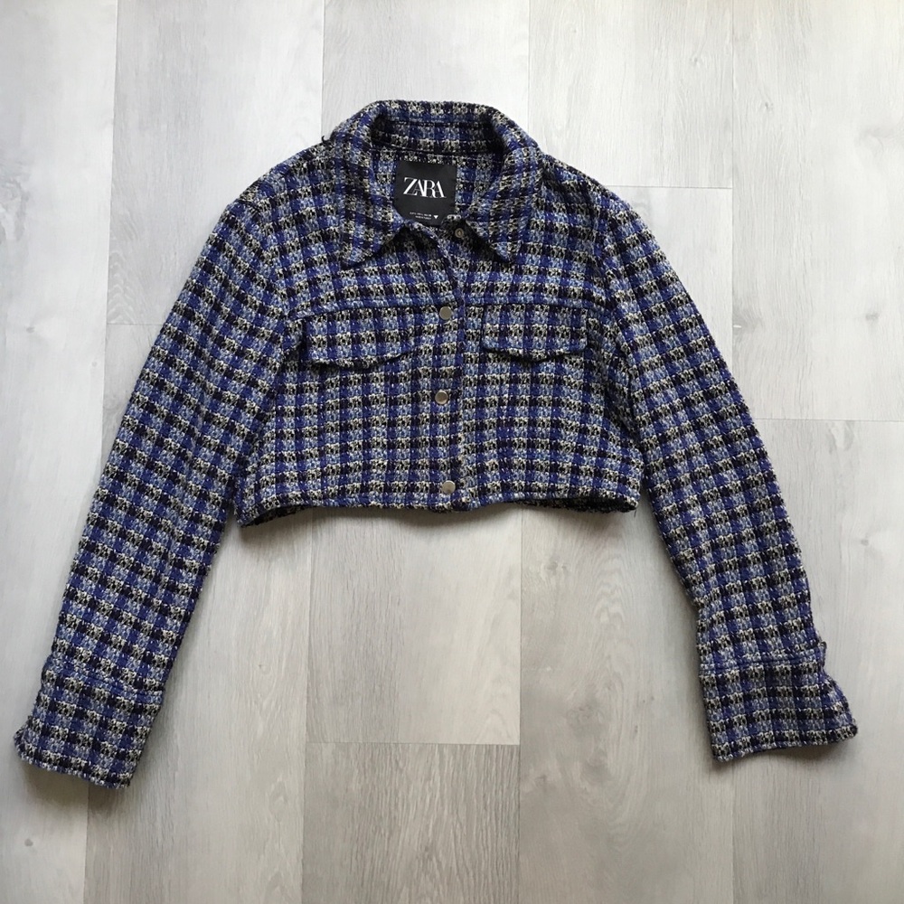 ZARA BLUE CROPPED JACKET CHECK TWEED SNAP BUTTON COLLARED WOMENS LARGE